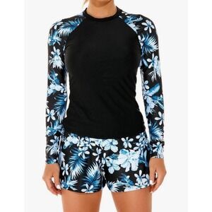 JadeRich Womens Long Sleeve Rash Guard Swimsuit Set Floral Blue Black UPF 50+ L